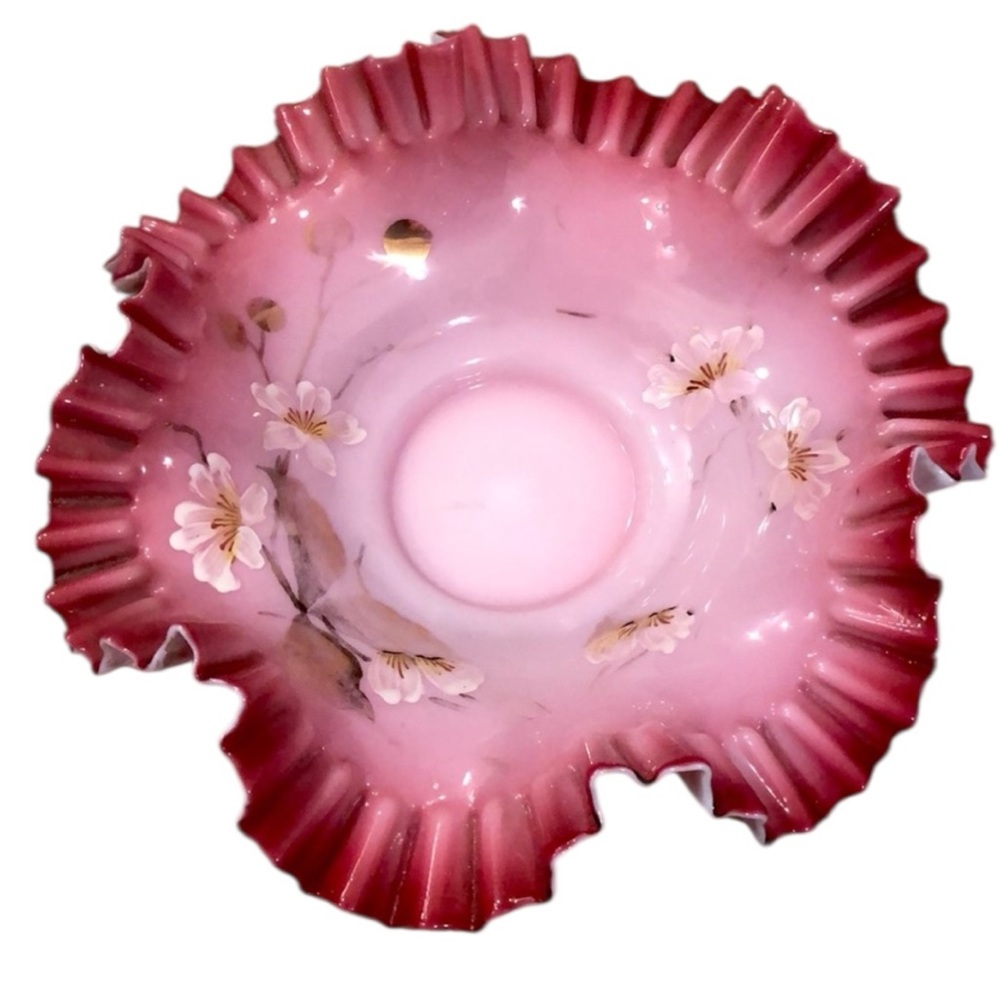 Antique Victorian Hand Painted Pink Ruffled Rim Brides Bowl 10”